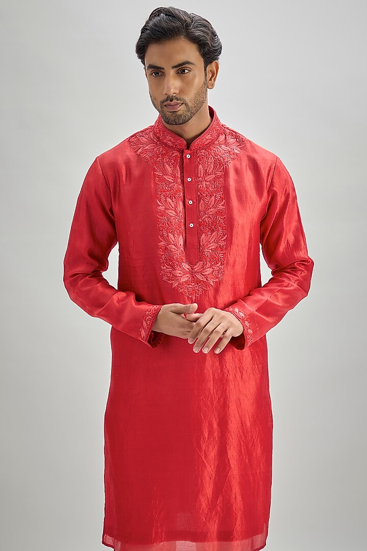 Red Silk Hand & Machine Embroidered Kurta Set by SAMMOHAN at Pernia's Pop Up Shop