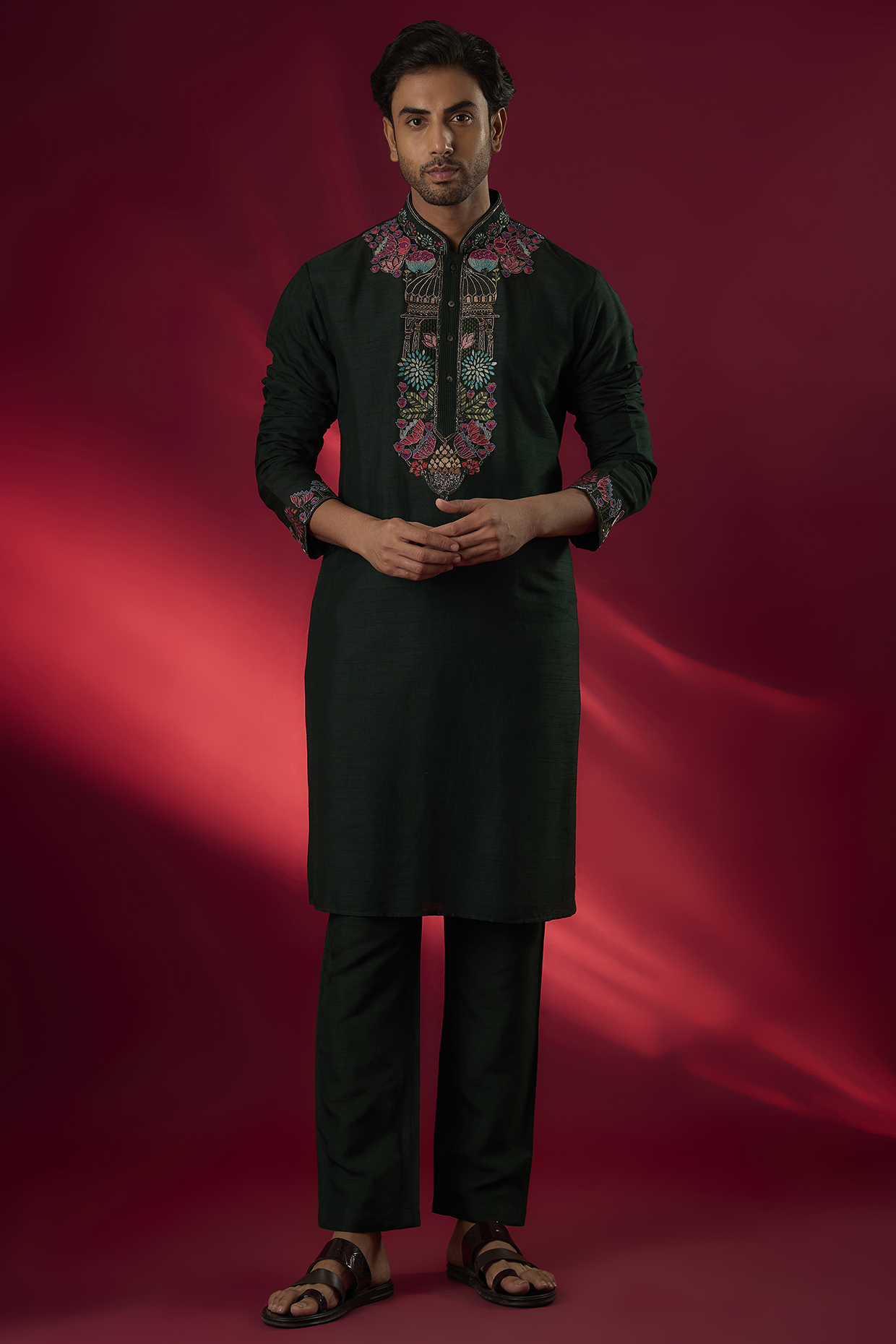 Emerald Green Tussar Hand & Machine Embroidered Kurta Set by SAMMOHAN