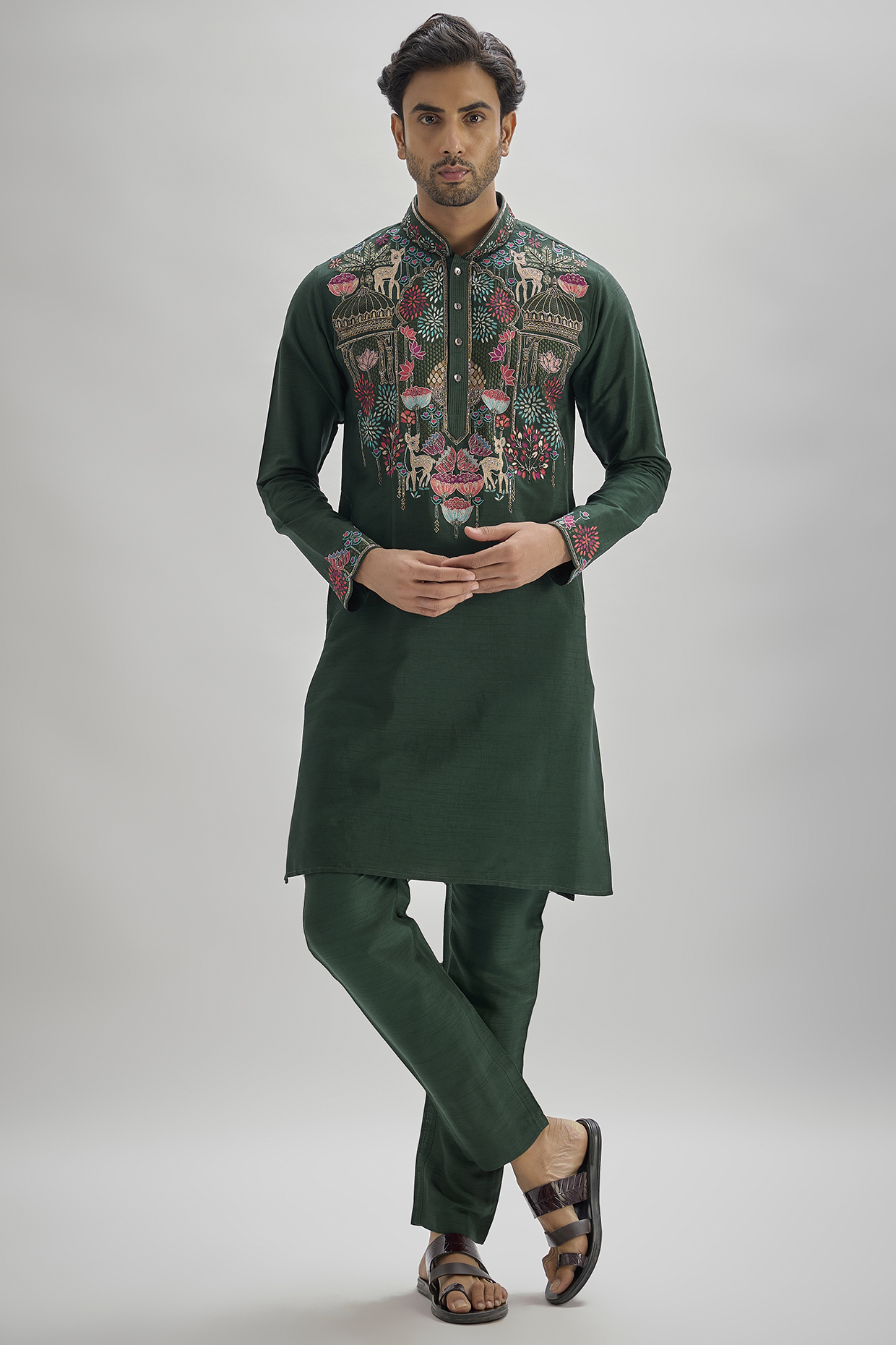 Emerald Green Tussar Hand & Machine Embroidered Kurta Set by SAMMOHAN