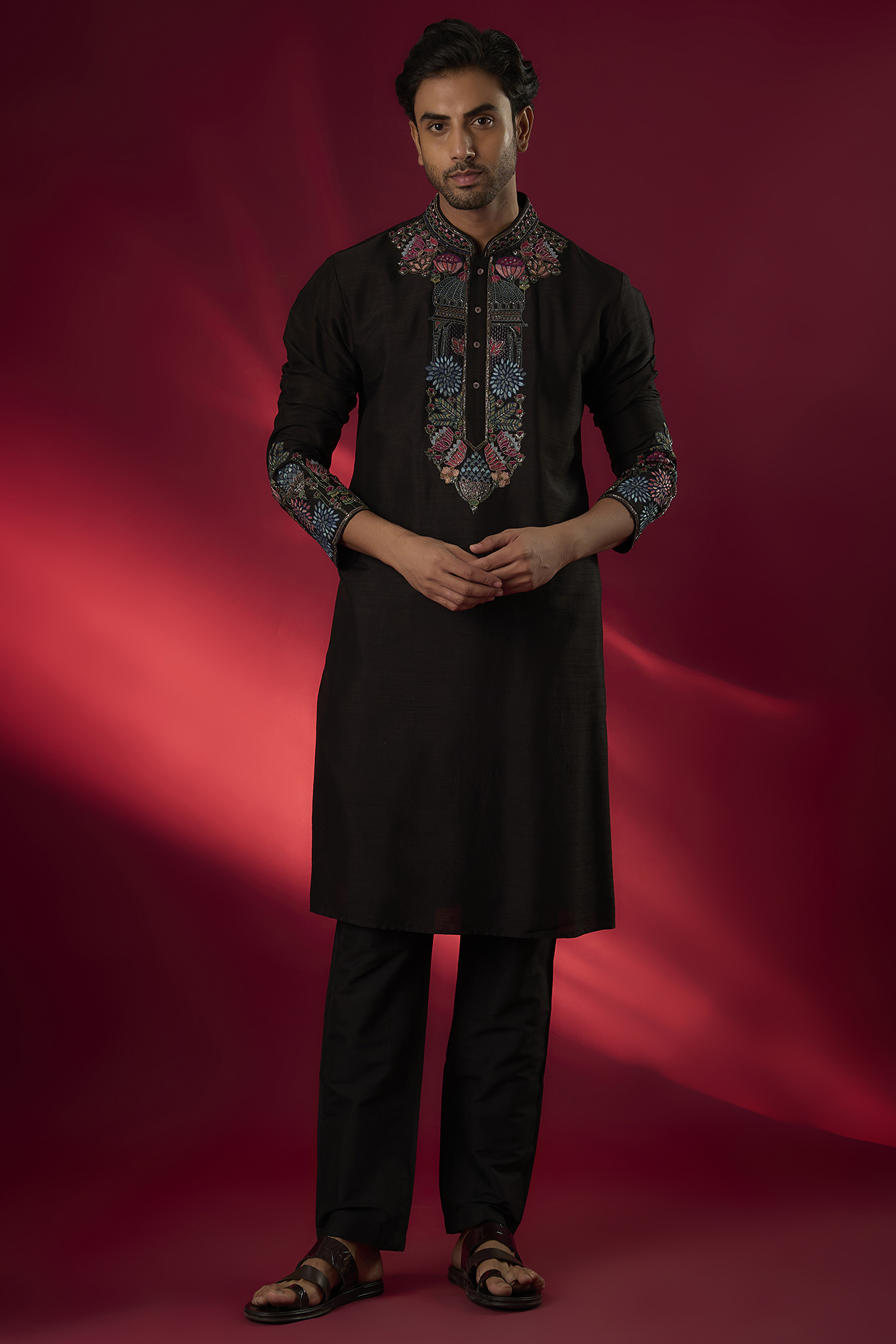 Black Tussar Hand & Machine Embroidered Kurta Set by SAMMOHAN