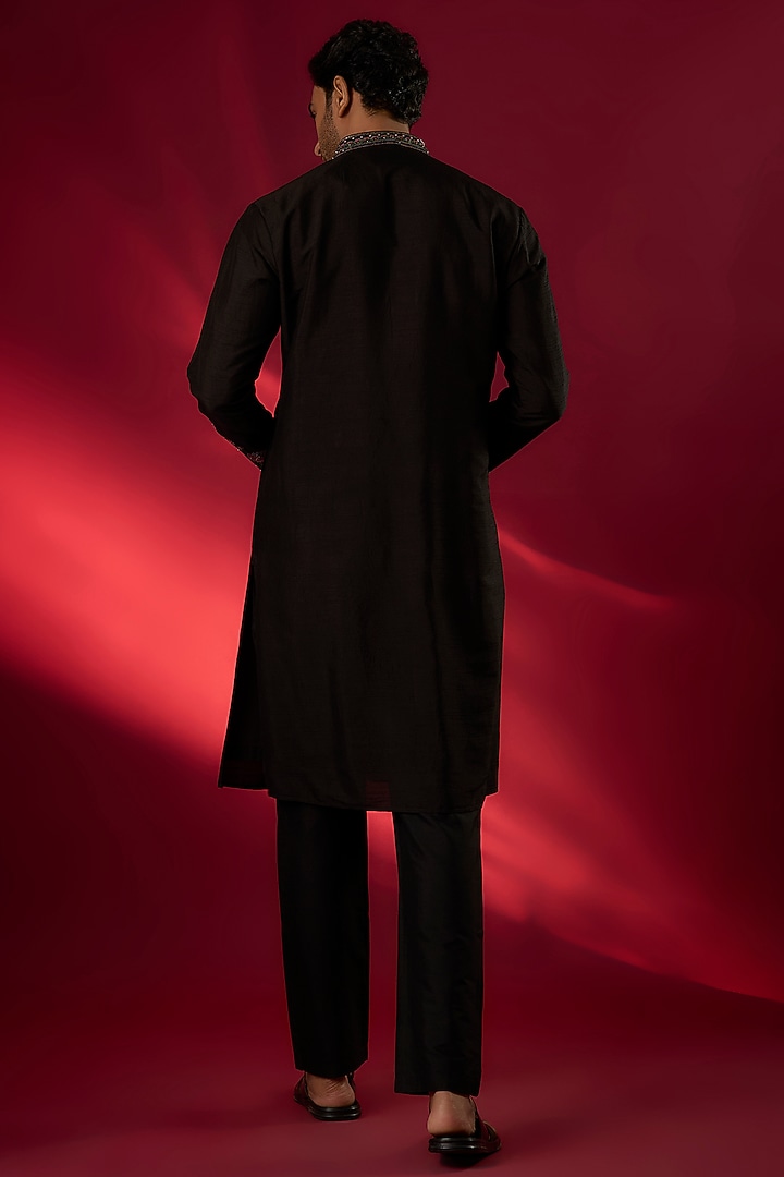Black Tussar Hand & Machine Embroidered Kurta Set by SAMMOHAN at Pernia's Pop Up Shop