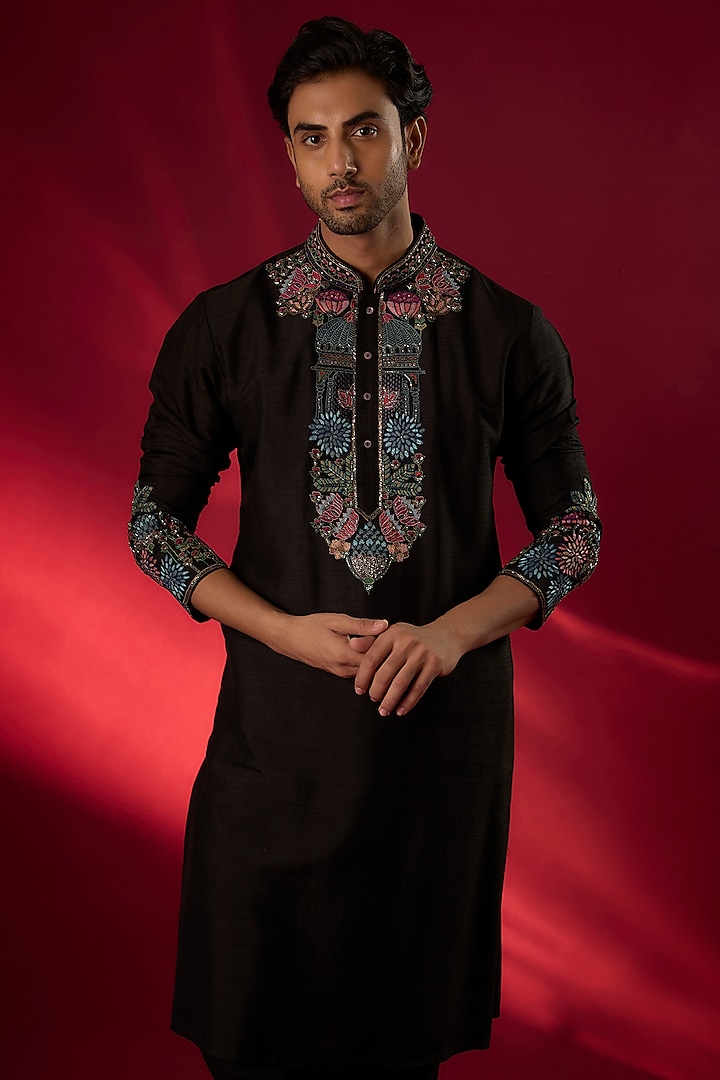 Black Tussar Hand & Machine Embroidered Kurta Set by SAMMOHAN at Pernia's Pop Up Shop