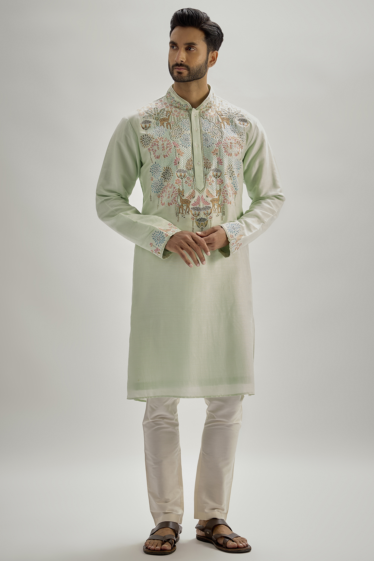 Mint Tussar Hand & Machine Embroidered Kurta Set by SAMMOHAN