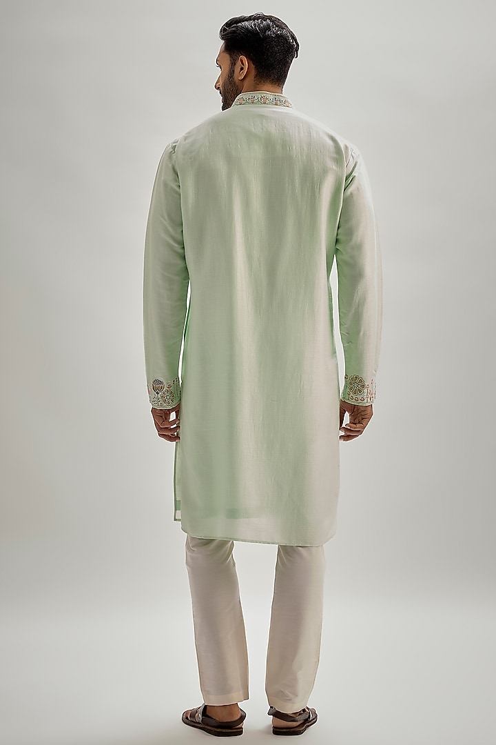 Mint Tussar Hand & Machine Embroidered Kurta Set by SAMMOHAN at Pernia's Pop Up Shop