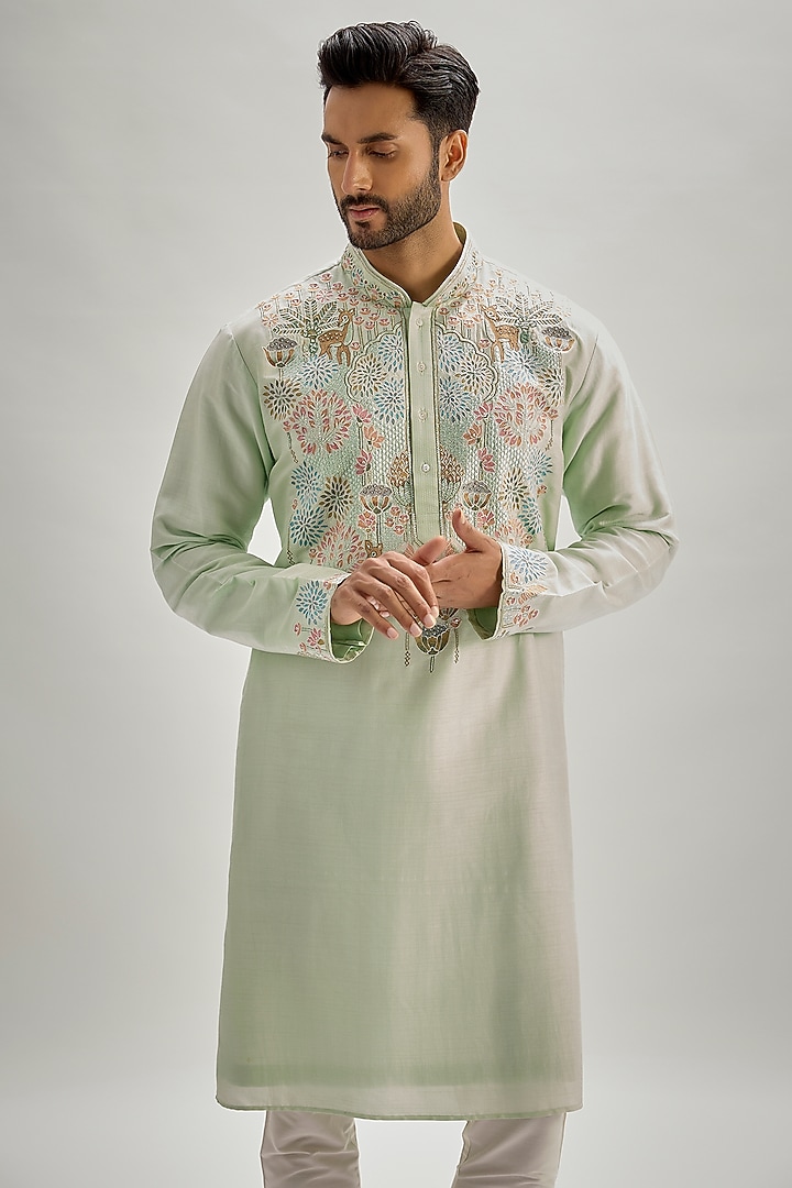 Mint Tussar Hand & Machine Embroidered Kurta Set by SAMMOHAN at Pernia's Pop Up Shop