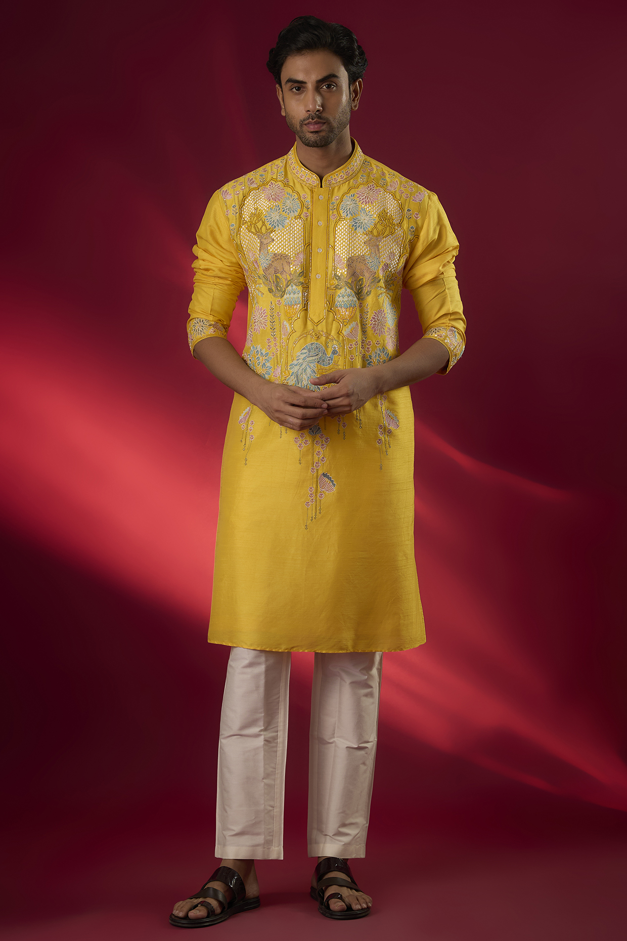 Yellow Tussar Hand & Machine Embroidered Kurta Set by SAMMOHAN