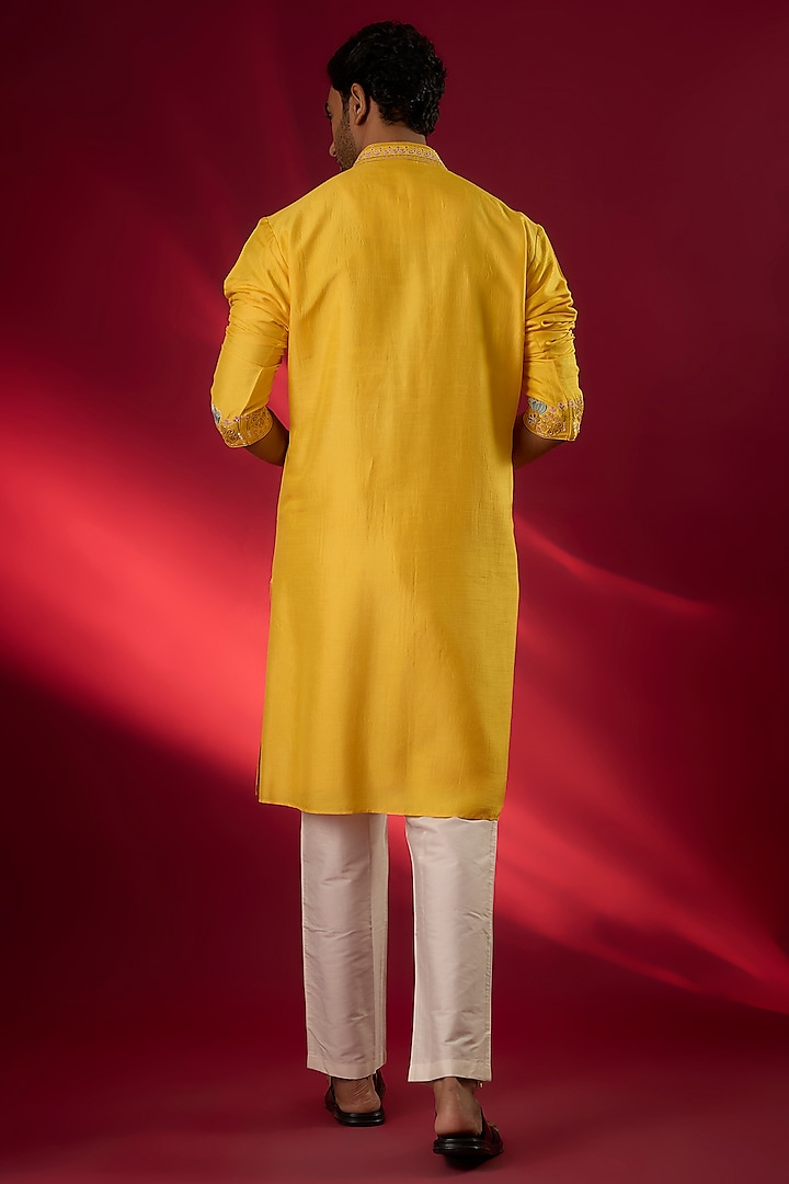 Yellow Tussar Hand & Machine Embroidered Kurta Set by SAMMOHAN at Pernia's Pop Up Shop