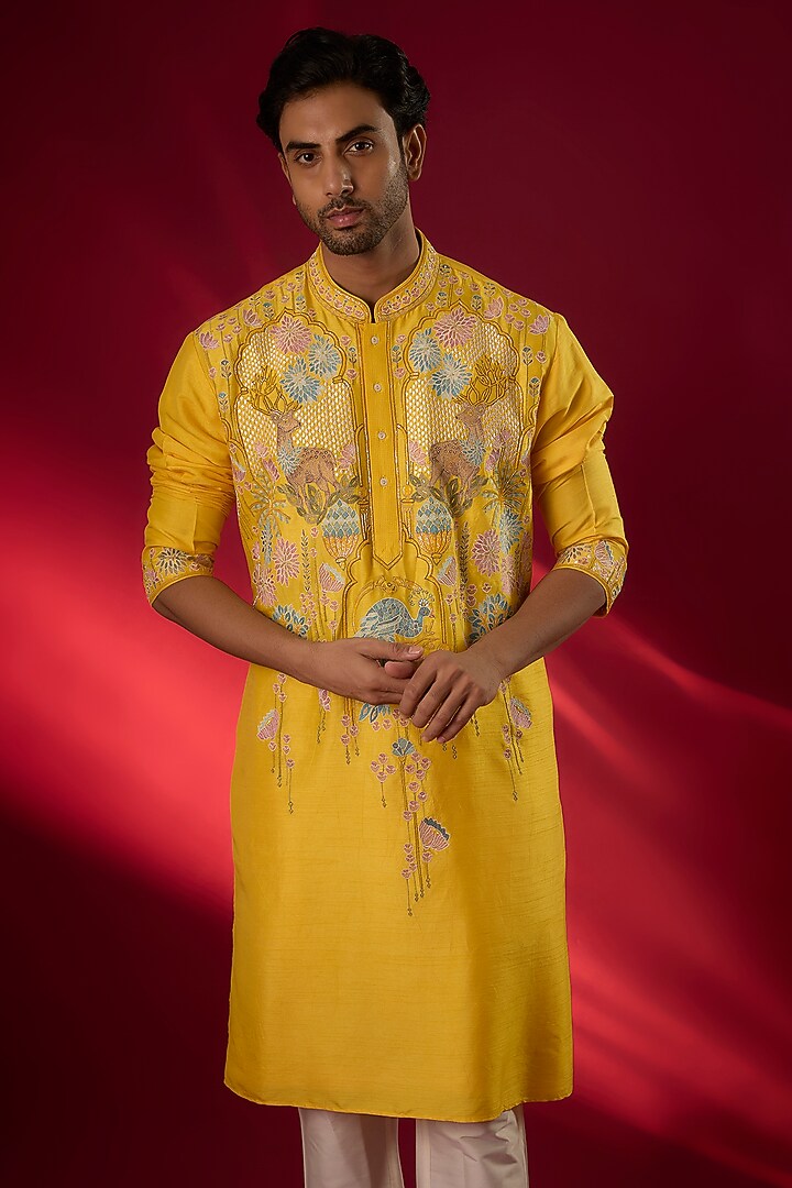 Yellow Tussar Hand & Machine Embroidered Kurta Set by SAMMOHAN at Pernia's Pop Up Shop