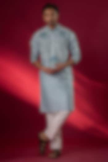 Powder Blue Tussar Hand & Machine Embroidered Kurta Set by SAMMOHAN at Pernia's Pop Up Shop
