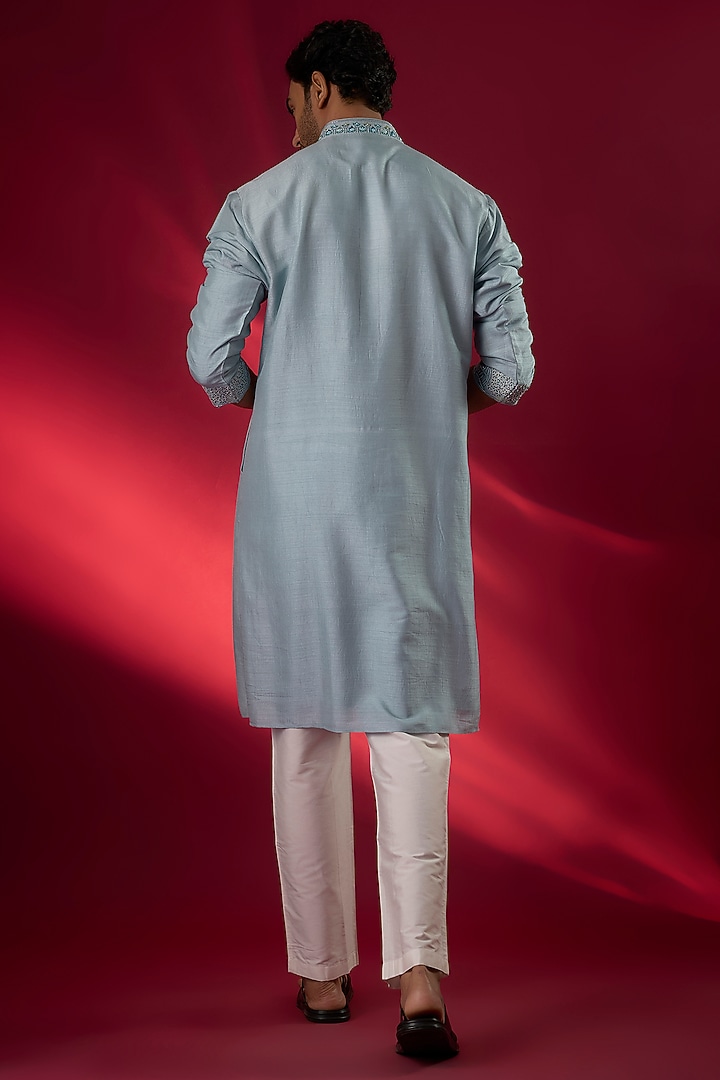 Powder Blue Tussar Hand & Machine Embroidered Kurta Set by SAMMOHAN at Pernia's Pop Up Shop