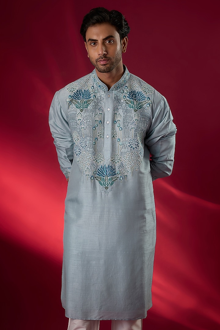 Powder Blue Tussar Hand & Machine Embroidered Kurta Set by SAMMOHAN at Pernia's Pop Up Shop
