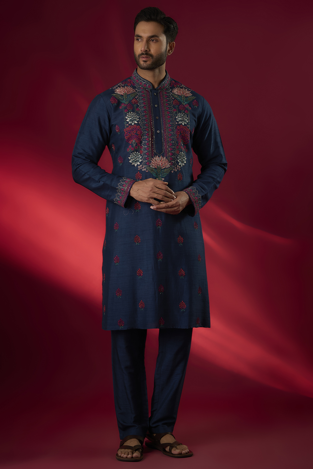 Teal Tussar Hand & Machine Embroidered Kurta Set by SAMMOHAN at Pernia's Pop Up Shop