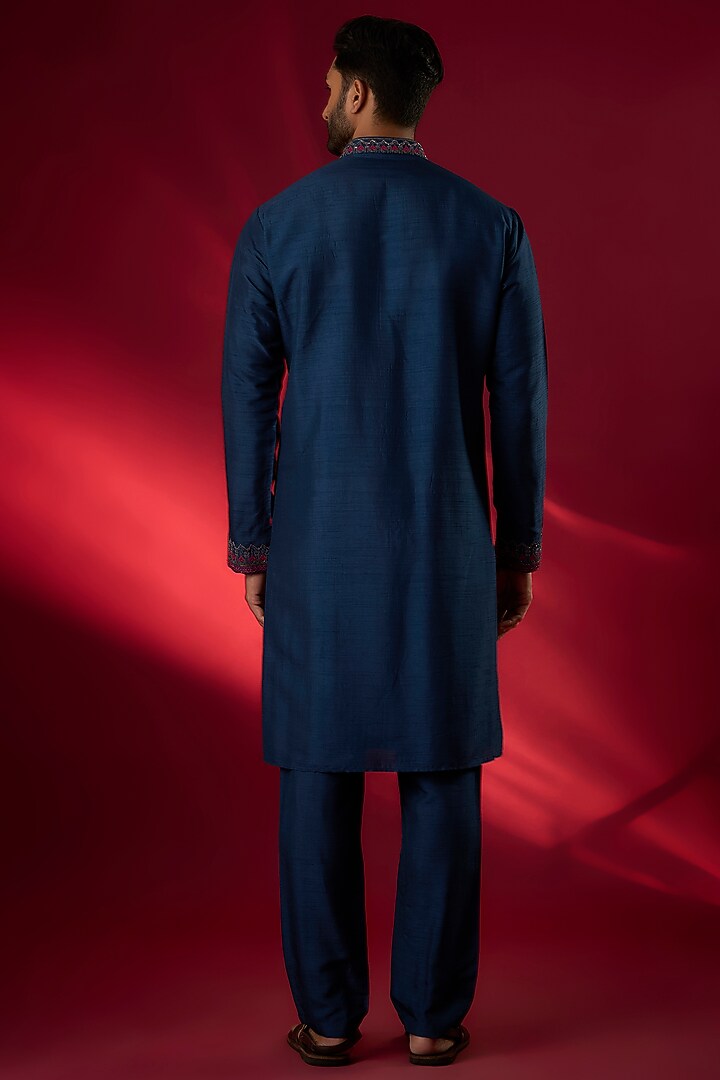 Teal Tussar Hand & Machine Embroidered Kurta Set by SAMMOHAN at Pernia's Pop Up Shop