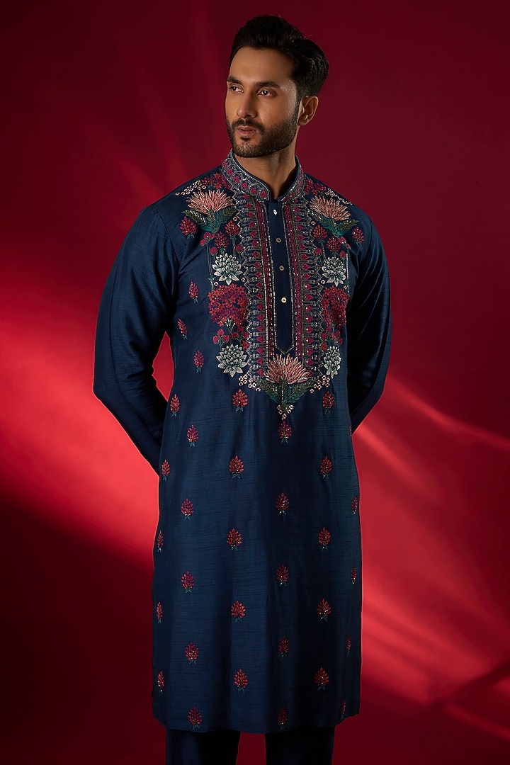 Teal Tussar Hand & Machine Embroidered Kurta Set by SAMMOHAN at Pernia's Pop Up Shop