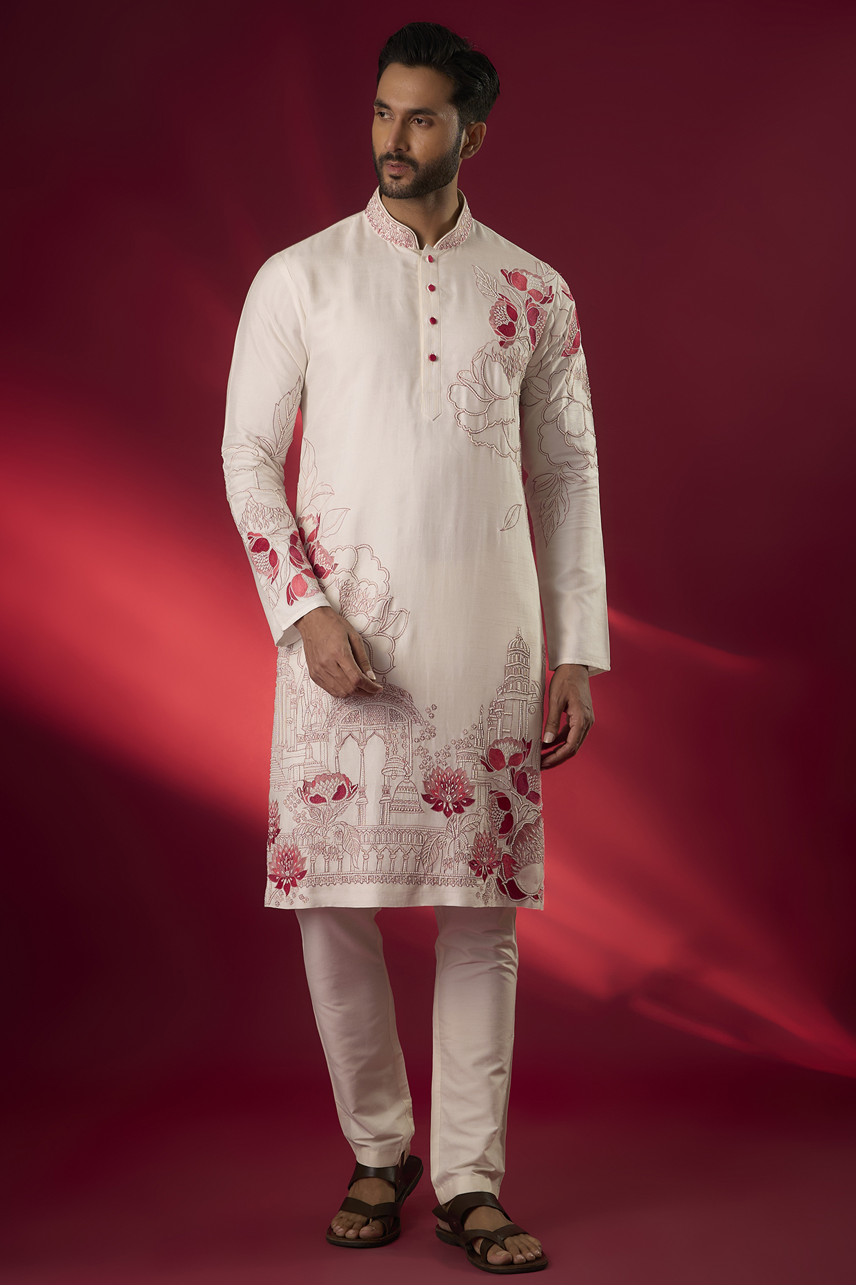 Off-White Tussar Hand & Machine Embroidered Kurta Set by SAMMOHAN