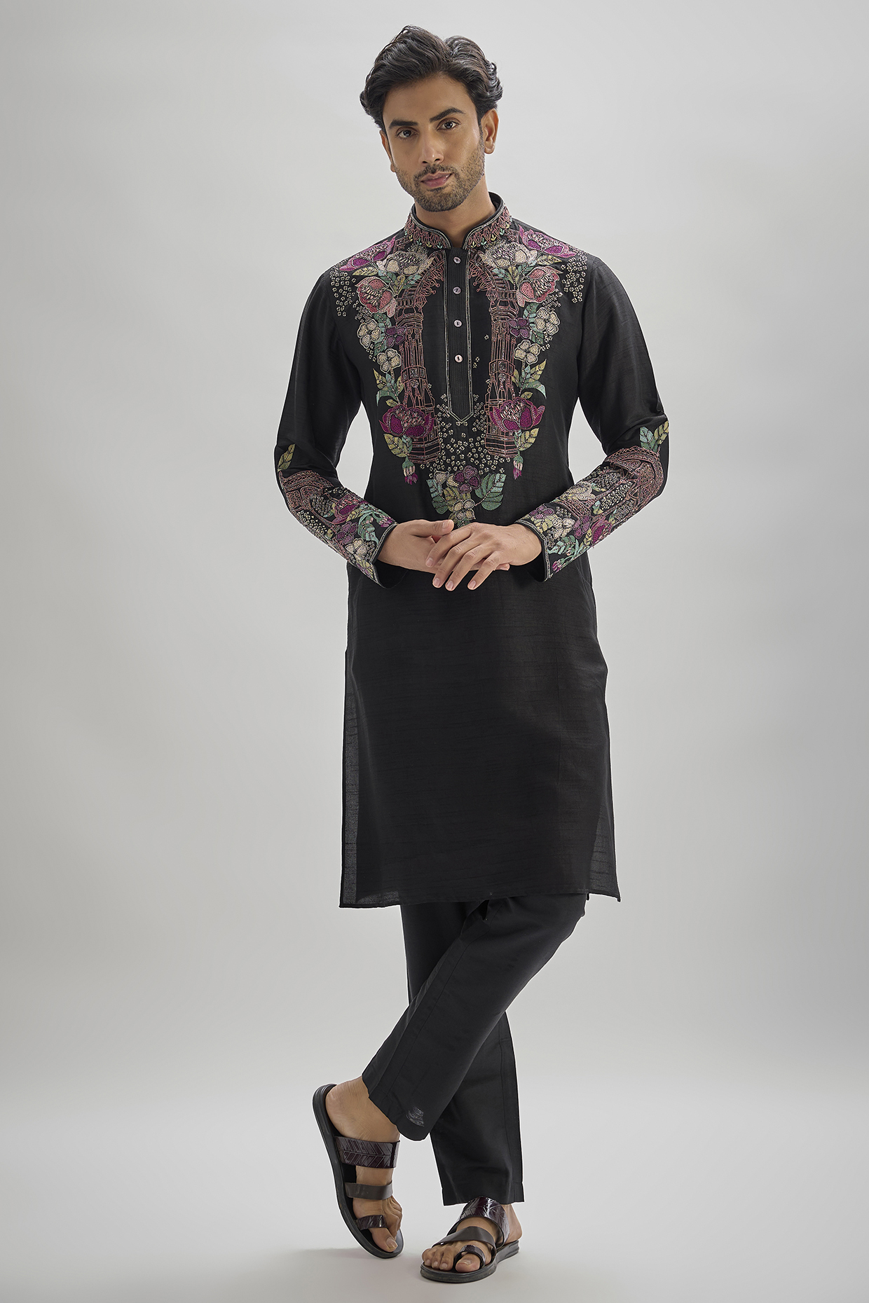 Black Tussar Hand & Machine Embroidered Kurta Set by SAMMOHAN