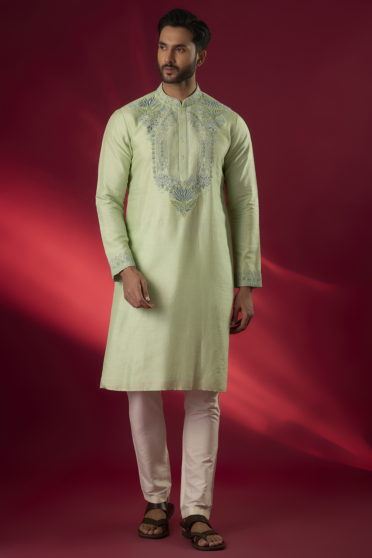 Mint Tussar Hand & Machine Embroidered Kurta Set by SAMMOHAN