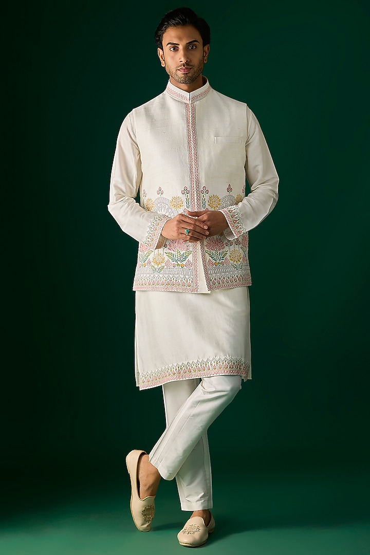 Off-White Silk Nehru Jacket Set by SAMMOHAN at Pernia's Pop Up Shop