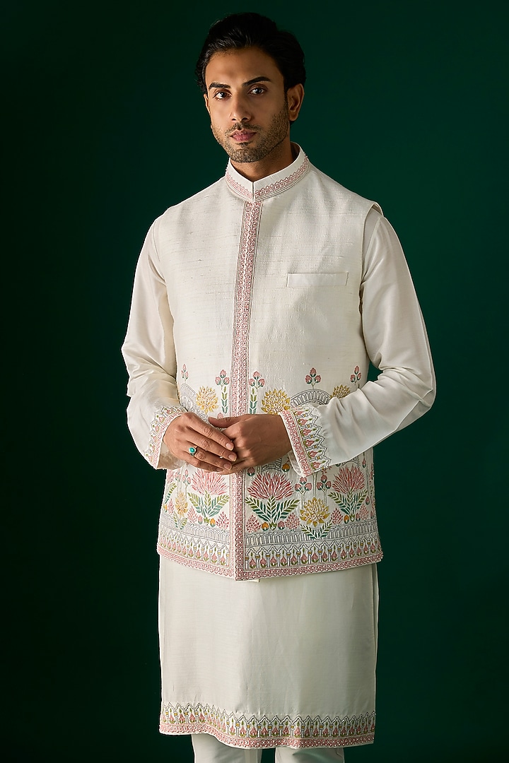 Off-White Silk Nehru Jacket Set by SAMMOHAN at Pernia's Pop Up Shop
