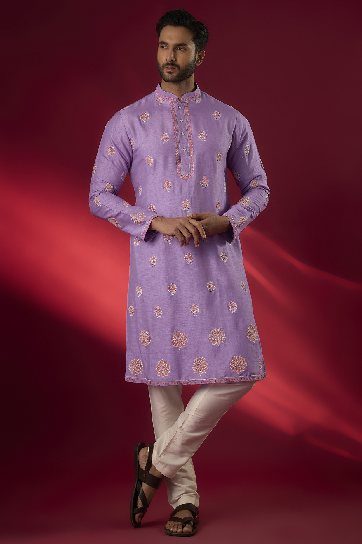Lilac Tussar Hand & Machine Embroidered Kurta Set by SAMMOHAN