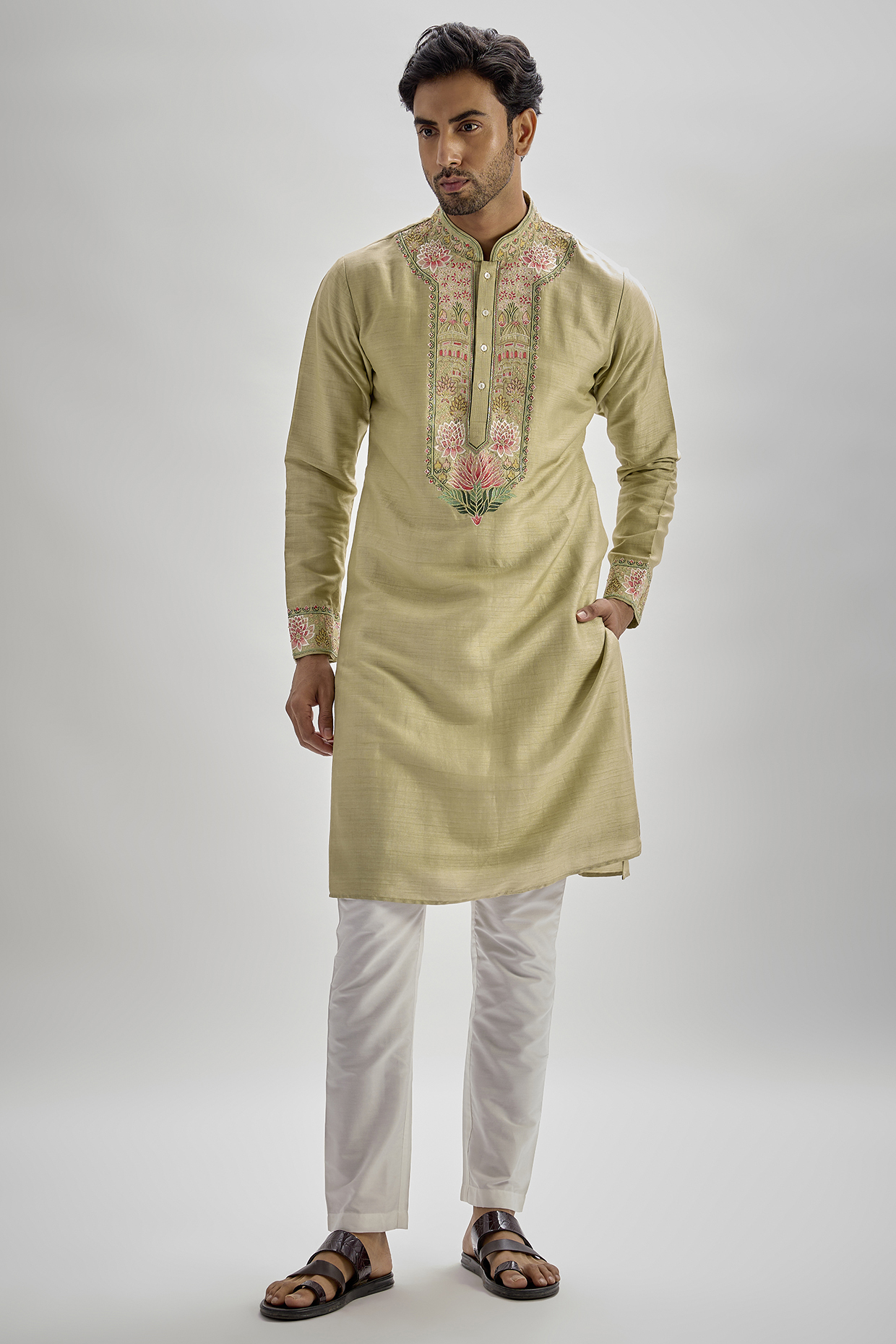 Green Tussar Hand & Machine Embroidered Kurta Set by SAMMOHAN
