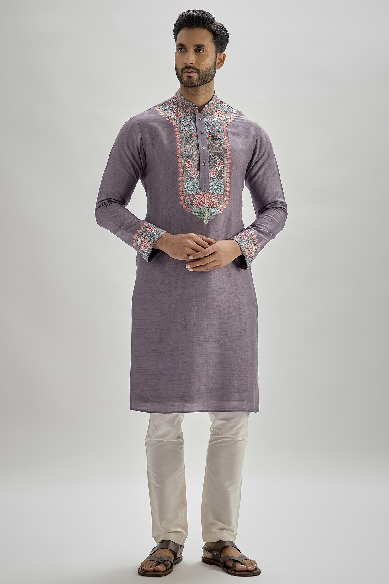 Grey Tussar Hand & Machine Embroidered Kurta Set by SAMMOHAN