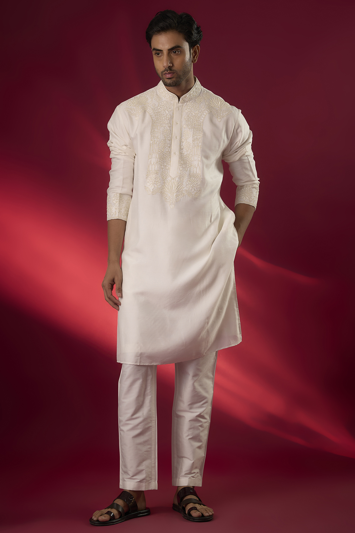 Off-White Tussar Hand & Machine Embroidered Kurta Set by SAMMOHAN