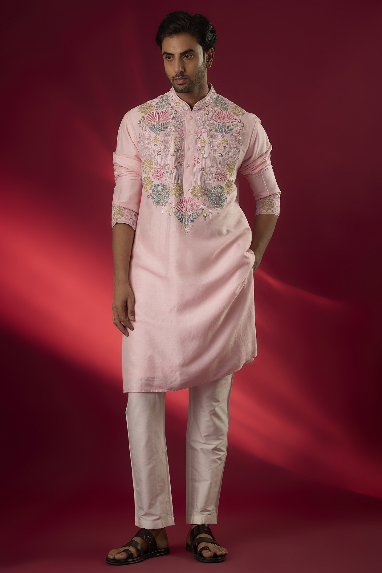 Baby Pink Tussar Hand & Machine Embroidered Kurta Set by SAMMOHAN