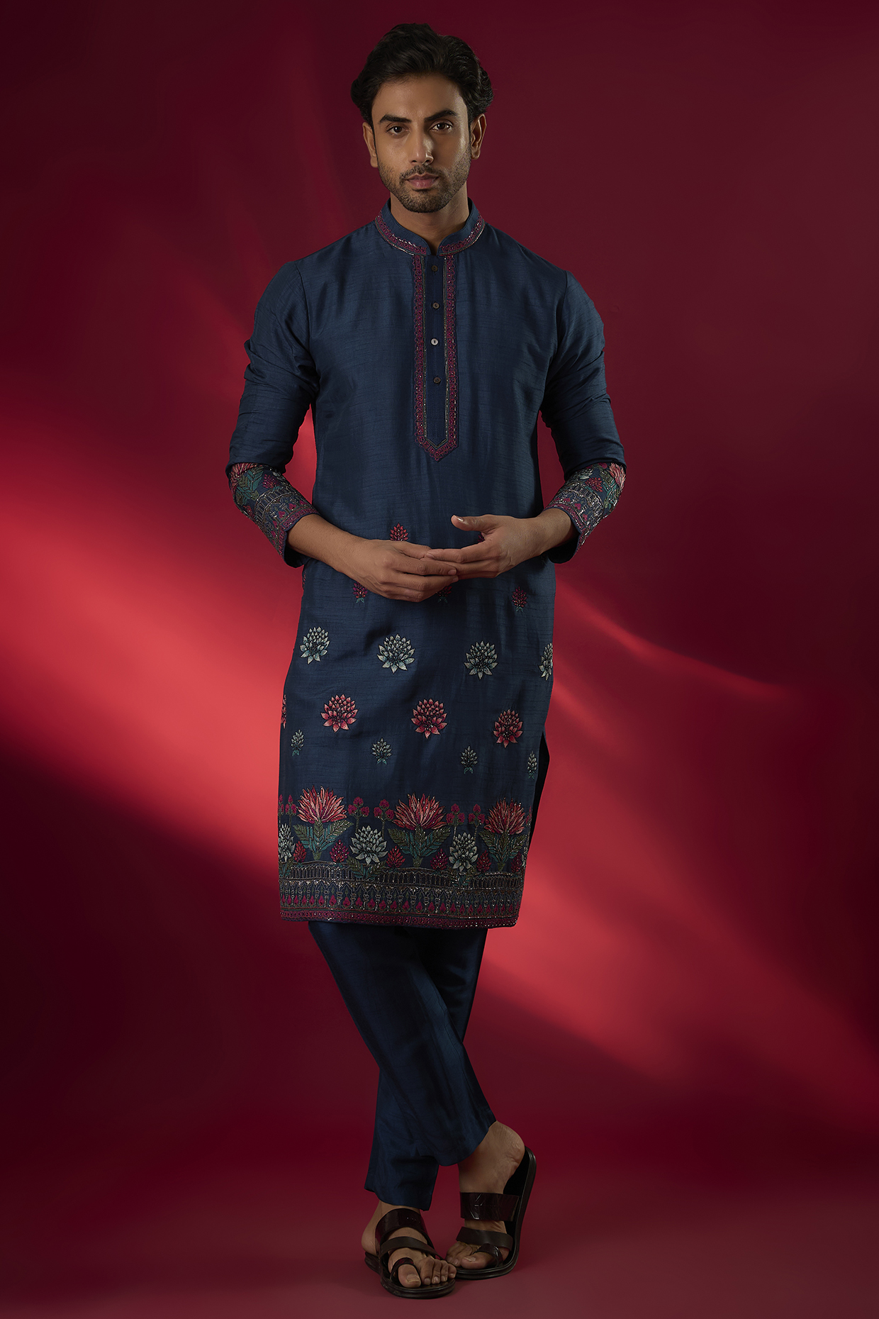Teal Tussar Hand & Machine Embroidered Kurta Set by SAMMOHAN