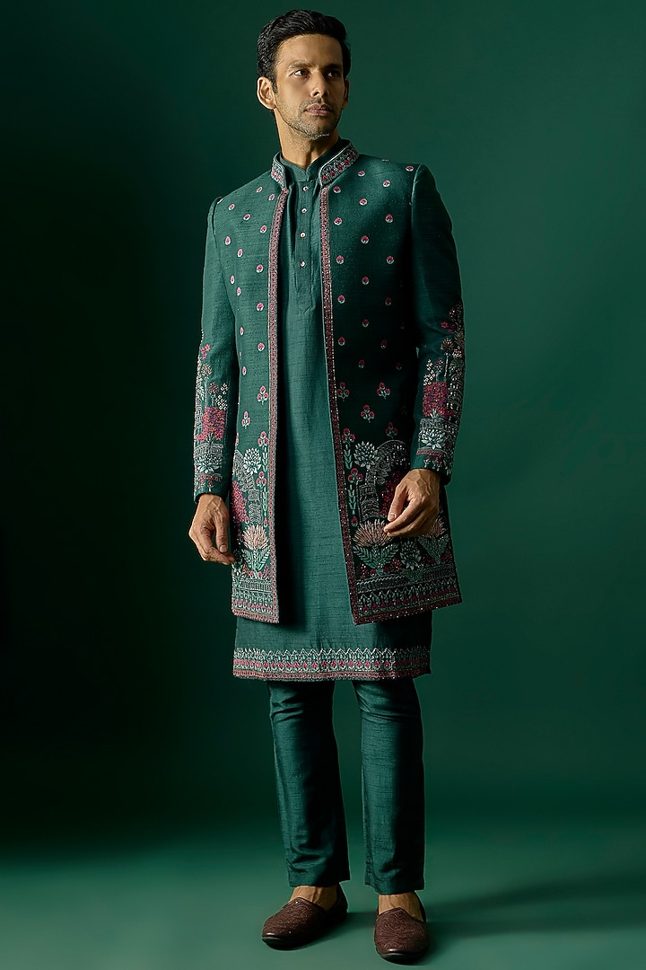 Emerald Green Silk Groom Indowestern Set by SAMMOHAN at Pernia's Pop Up Shop