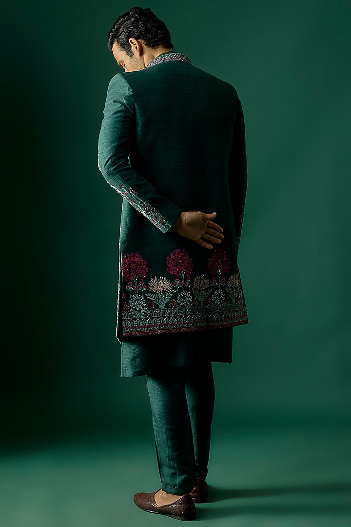 Emerald Green Silk Groom Indowestern Set by SAMMOHAN at Pernia's Pop Up Shop