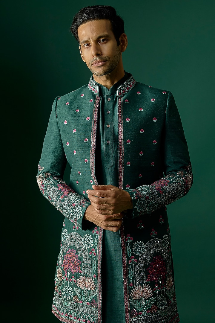 Emerald Green Silk Groom Indowestern Set by SAMMOHAN at Pernia's Pop Up Shop