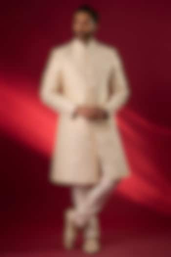 Ecru Raw Silk Hand & Machine Embroidered Groom Sherwani Set by SAMMOHAN at Pernia's Pop Up Shop