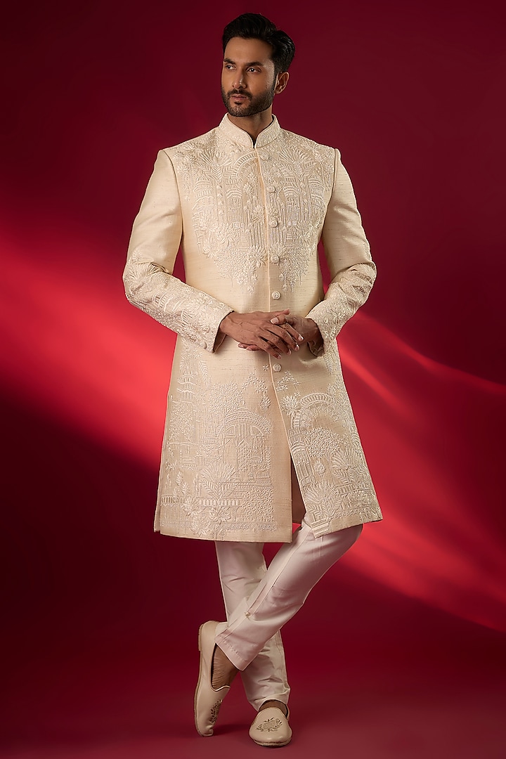 Ecru Raw Silk Hand & Machine Embroidered Groom Sherwani Set by SAMMOHAN at Pernia's Pop Up Shop