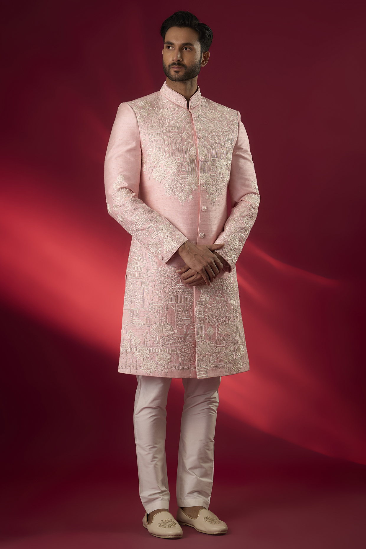 Baby Pink Raw Silk Hand & Machine Embroidered Sherwani Set by SAMMOHAN