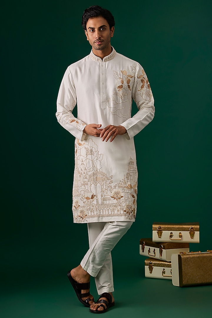 Off-White Silk Embroidered Kurta Set by SAMMOHAN