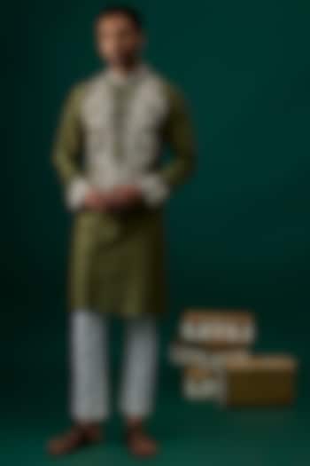 Green Silk Embroidered Kurta Set by SAMMOHAN