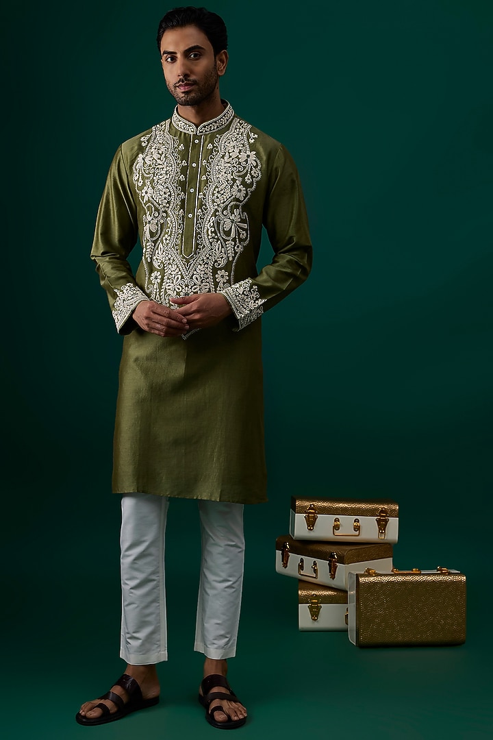 Green Silk Embroidered Kurta Set by SAMMOHAN