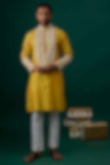 Yellow Silk Embroidered Kurta Set by SAMMOHAN