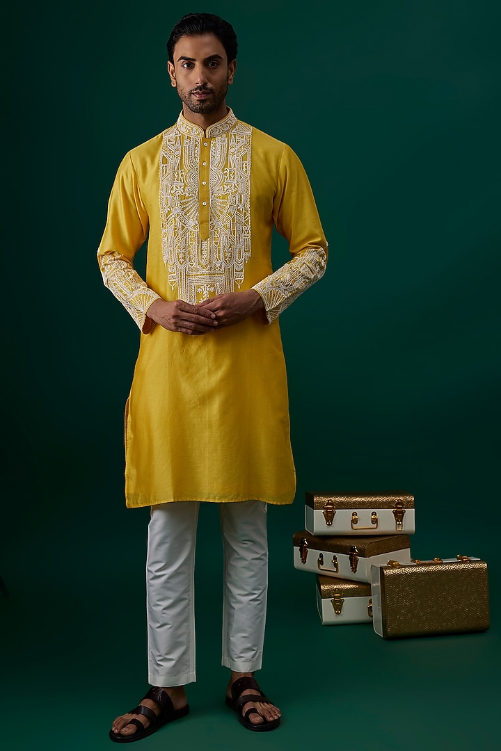 Yellow Silk Embroidered Kurta Set by SAMMOHAN