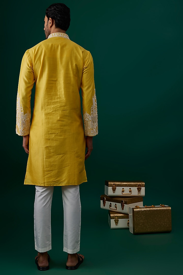 Yellow Silk Embroidered Kurta Set by SAMMOHAN at Pernia's Pop Up Shop