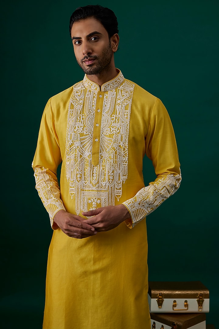 Yellow Silk Embroidered Kurta Set by SAMMOHAN at Pernia's Pop Up Shop