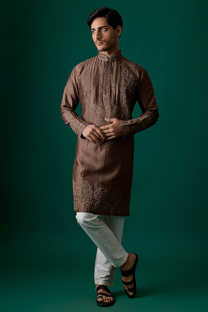 Brown Silk Kurta Set by SAMMOHAN at Pernia's Pop Up Shop