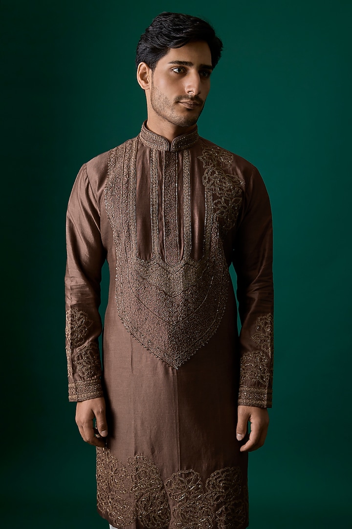 Brown Silk Kurta Set by SAMMOHAN at Pernia's Pop Up Shop