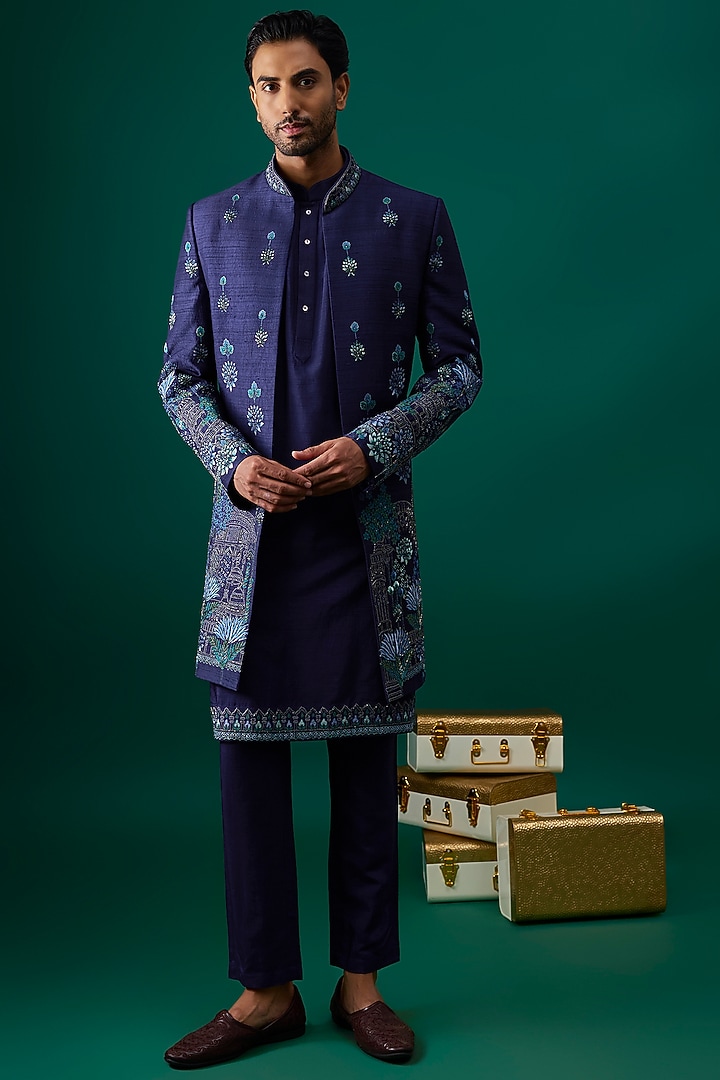 Navy Blue Raw Silk Hand Embroidered Indowestern Jacket Set by SAMMOHAN