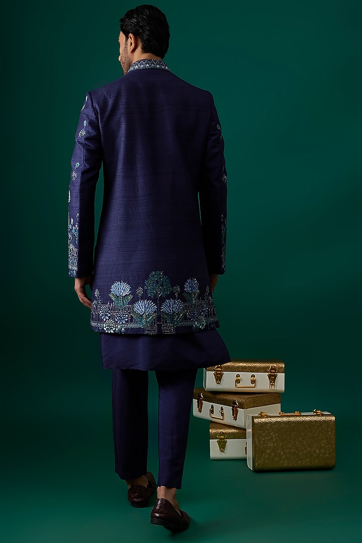 Navy Blue Raw Silk Hand Embroidered Groom Indowestern Jacket Set by SAMMOHAN at Pernia's Pop Up Shop