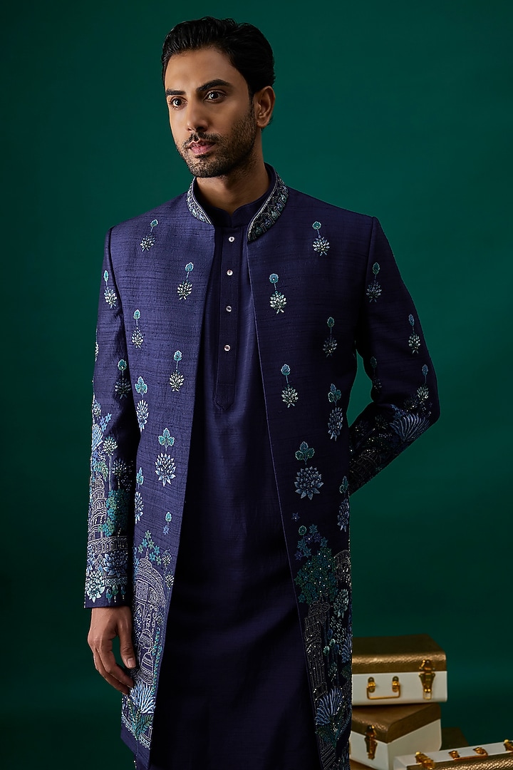 Navy Blue Raw Silk Hand Embroidered Groom Indowestern Jacket Set by SAMMOHAN at Pernia's Pop Up Shop