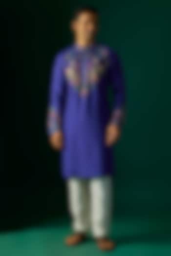 Blue Silk Kurta Set by SAMMOHAN at Pernia's Pop Up Shop