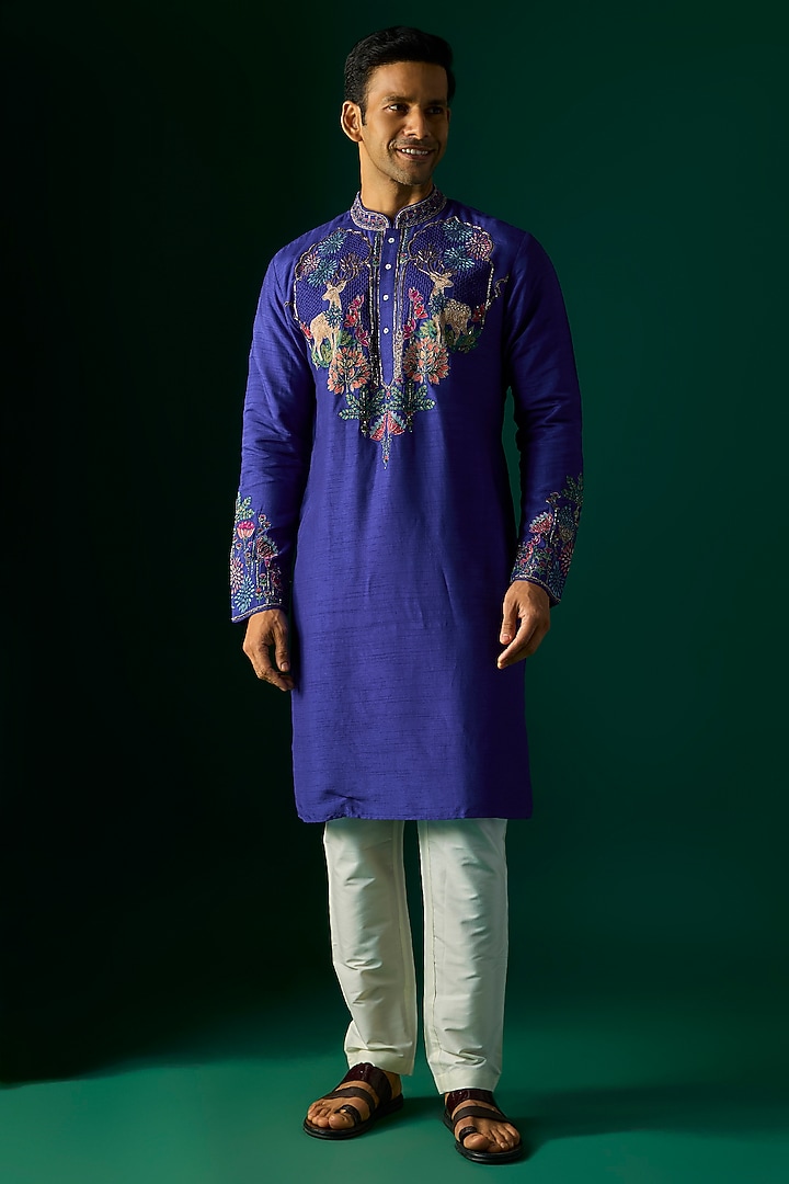 Blue Silk Kurta Set by SAMMOHAN at Pernia's Pop Up Shop