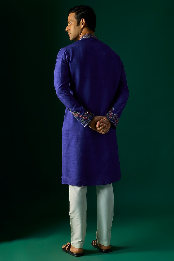 Blue Silk Kurta Set by SAMMOHAN at Pernia's Pop Up Shop